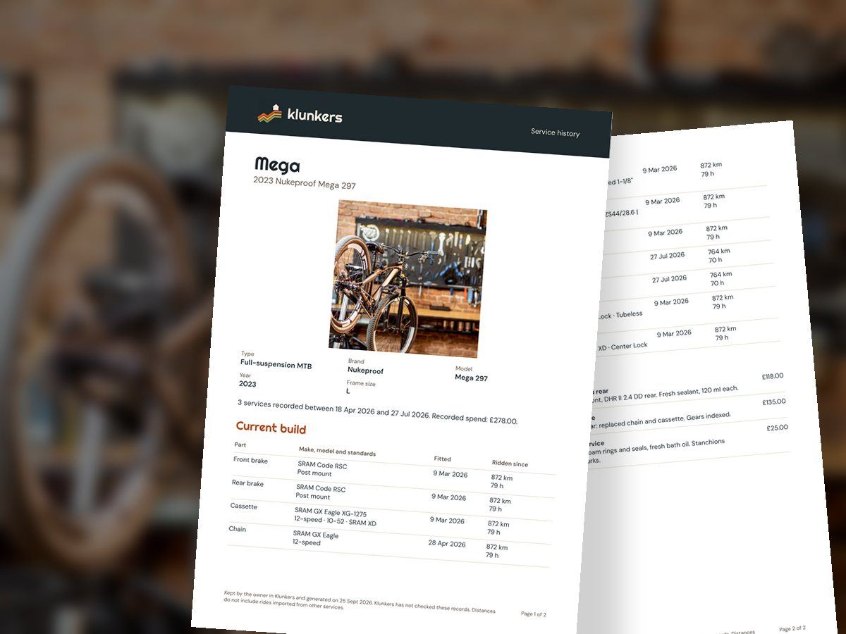 A two-page Klunkers service history for a mountain bike: its current build and every service recorded