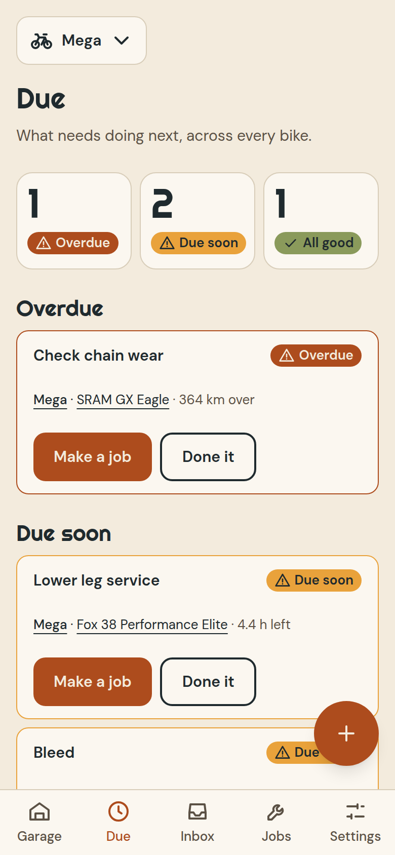 The Klunkers Due screen: a chain check overdue and a fork lower leg service due soon, with Make a job and Done it buttons