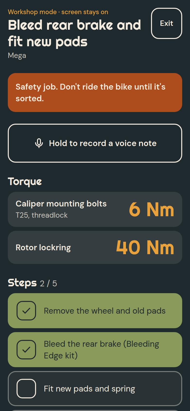 Workshop mode: a safety job to bleed the rear brake, with torque specs of 6 Nm and 40 Nm and a checklist of steps